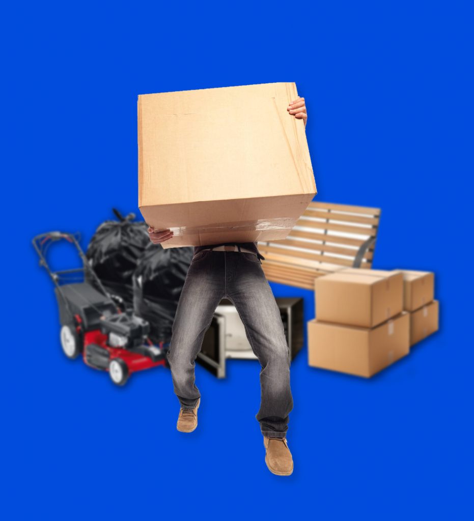 Person carrying heavy box of junk.