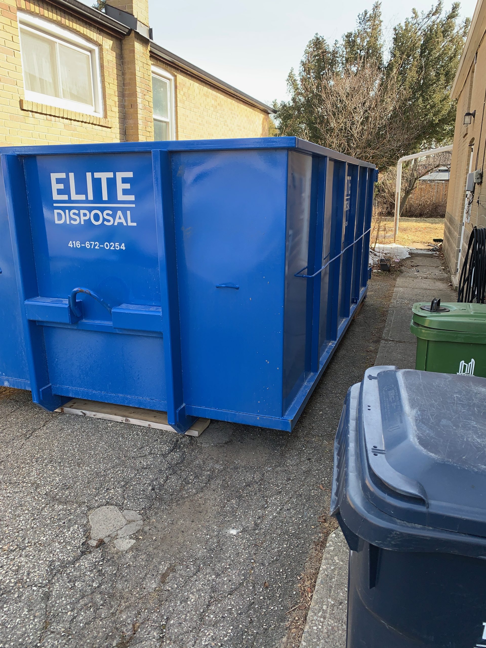 Properly placed Elite Disposal Services dumpster with adequate clearance and access